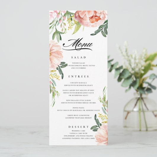 Blush Pink Bloral Peony Wedding Menü Menükarte (Stehend Vorderseite)