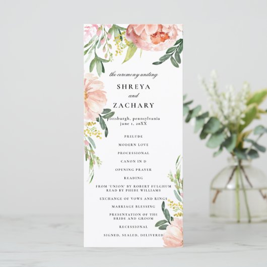 Blush Pink Bloral Peony Wedding Programm (Stehend Vorderseite)