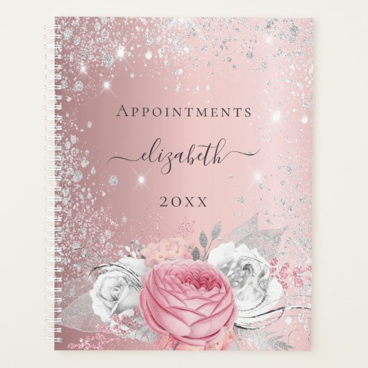 Blush pink Bloral Silber Glitzer Skript 2026 Planer (Vorderseite)