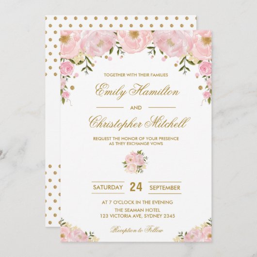 Blush Pink Bloral Wedding Einladung Gold Confetti (Vorne/Hinten)