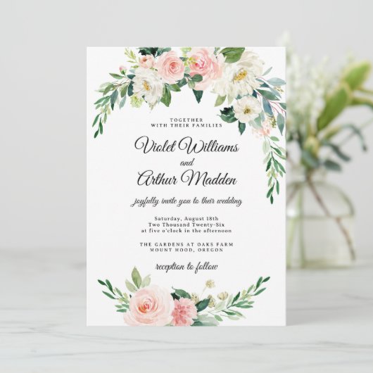 Blush Pink Bloral Wreath Brautparty Einladung (Stehend Vorderseite)