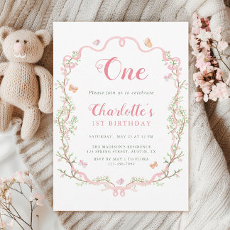 Blush Pink Blossom Floral 1. Geburtstag Party Einladung