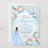Blush Pink Blue Ainderella Masquerade Quinceanera Einladung (Vorderseite)
