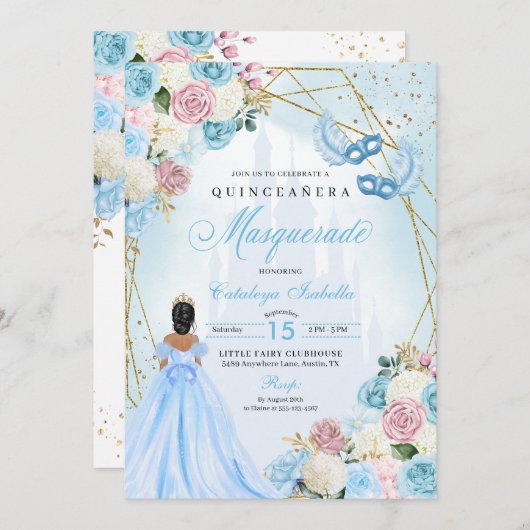 Blush Pink Blue Ainderella Masquerade Quinceanera Einladung (Vorne/Hinten)