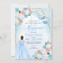 Blush Pink Blue Ainderella Masquerade Quinceanera Einladung
