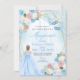 Blush Pink Blue Ainderella Masquerade Quinceanera Einladung