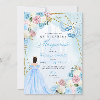 Blush Pink Blue Ainderella Masquerade Quinceanera Einladung