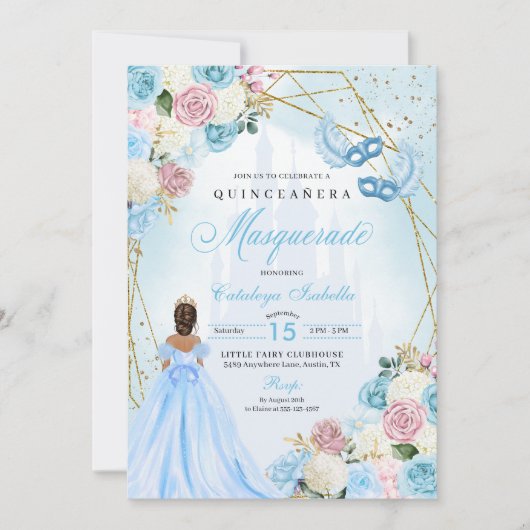 Blush Pink Blue Ainderella Masquerade Quinceanera Einladung (Vorderseite)