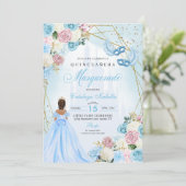 Blush Pink Blue Ainderella Masquerade Quinceanera Einladung (Stehend Vorderseite)