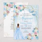 Blush Pink Blue Ainderella Masquerade Quinceanera Einladung (Vorne/Hinten)