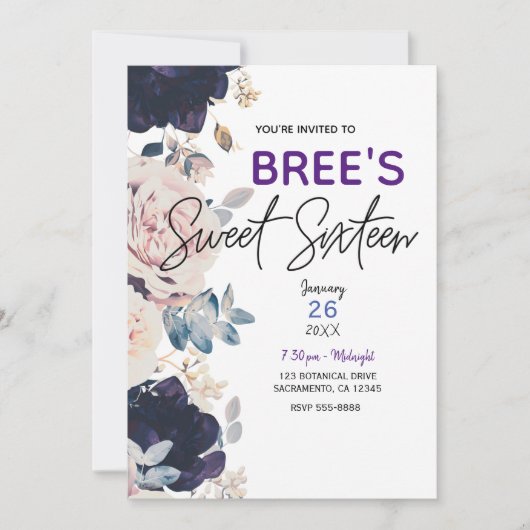 Blush Pink & Blue Botanical Floral Sweet 16 Party Einladung (Vorderseite)