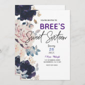 Blush Pink & Blue Botanical Floral Sweet 16 Party Einladung (Vorne/Hinten)