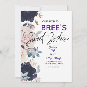 Blush Pink & Blue Botanical Floral Sweet 16 Party Einladung