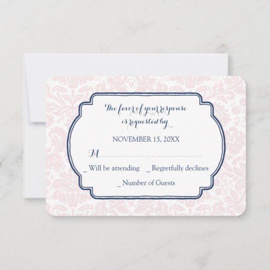Blush Pink Blue Damask UAWG Wedding Card RSVP Karte (Vorderseite)