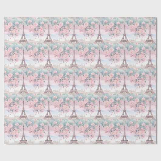 Blush Pink Blue Eiffel Tower Paris Französische La Geschenkpapier (Flach)