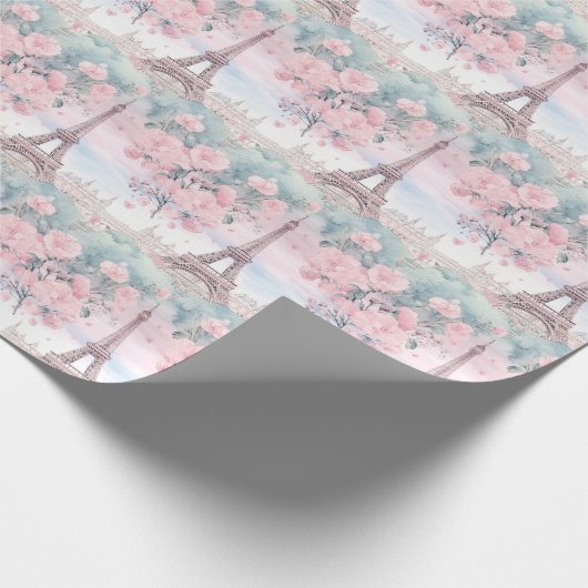 Blush Pink Blue Eiffel Tower Paris Französische La Geschenkpapier (Ecke)