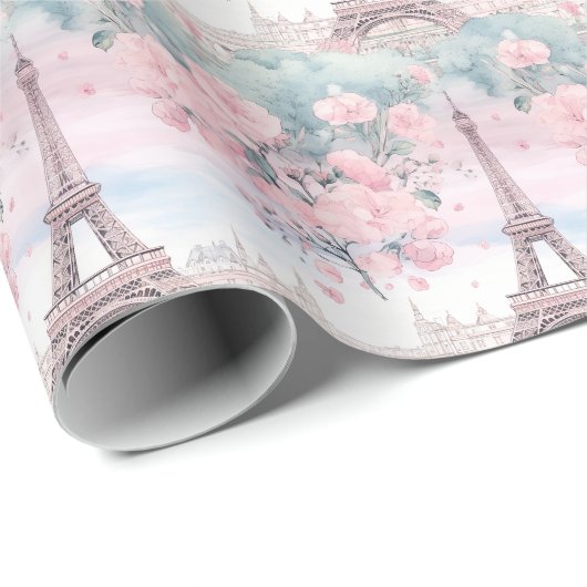 Blush Pink Blue Eiffel Tower Paris Französische La Geschenkpapier (Rolleneckpunkt)