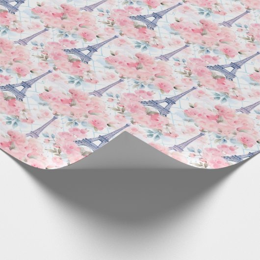 Blush Pink Blue Eiffel Tower Paris Französischer F Geschenkpapier (Ecke)