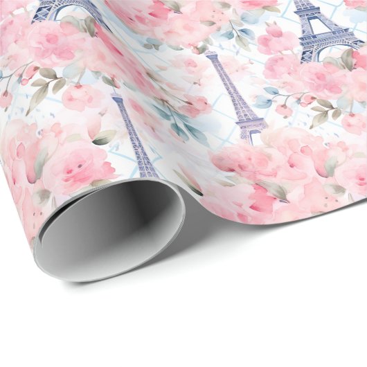 Blush Pink Blue Eiffel Tower Paris Französischer F Geschenkpapier (Rolleneckpunkt)