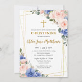 Blush Pink Blue Floral Gold Taufe Christening I Einladung (Vorderseite)