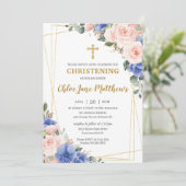 Blush Pink Blue Floral Gold Taufe Christening I Einladung (Stehend Vorderseite)