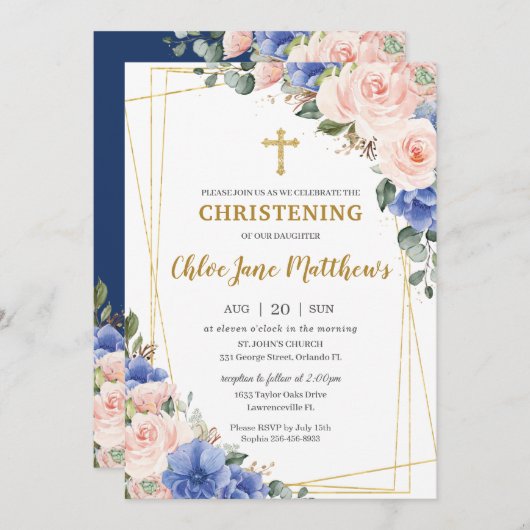 Blush Pink Blue Floral Gold Taufe Christening I Einladung (Vorne/Hinten)