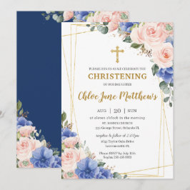 Blush Pink Blue Floral Gold Taufe Christening I Einladung