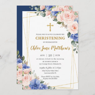 Blush Pink Blue Floral Gold Taufe Christening I Einladung
