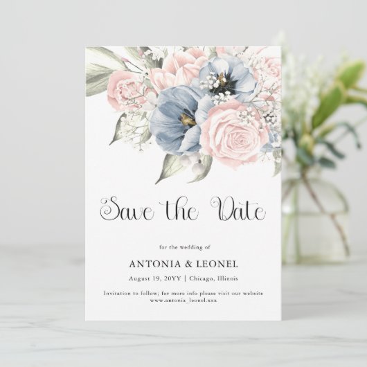 Blush Pink Blue Floral Wedding Save the date (Stehend Vorderseite)