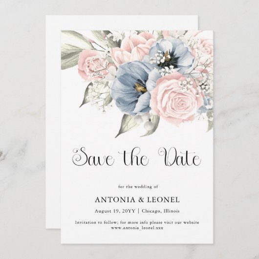 Blush Pink Blue Floral Wedding Save the date (Vorne/Hinten)