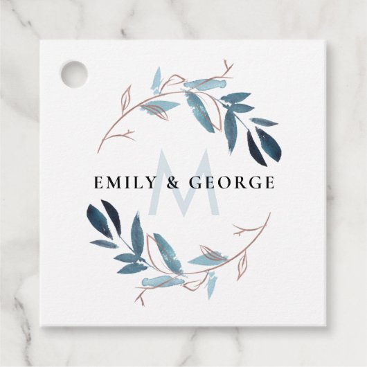 BLUSH PINK BLUE FOLIAGE MONOGRAM WEDH WEDH GESCHENKANHÄNGER (Vorderseite)