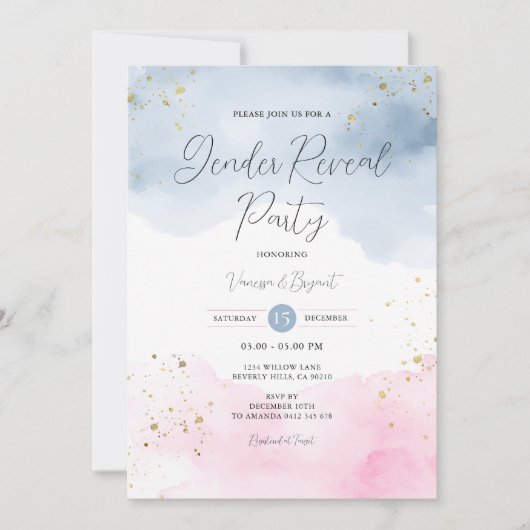 Blush Pink & Blue Gender Reveal Gold Glitzer Einladung (Vorderseite)