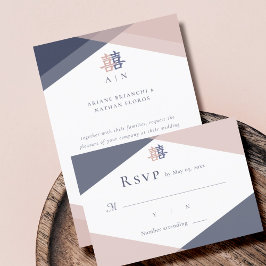 Blush Pink Blue Geometric Chinese Wedding RSVP Einladung