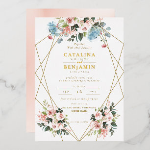 Blush Pink Blue Geometric Gold Lettering Hochzeit Folieneinladung