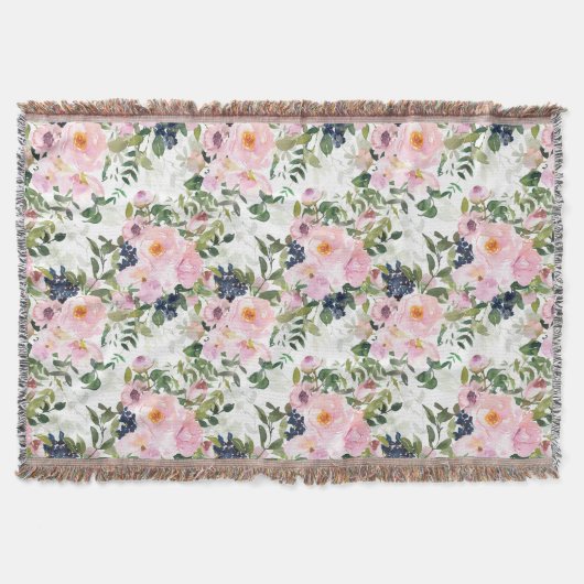 Blush Pink Blue Watercolor Blumengrün Blätter Decke (Vorderseite)