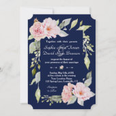 Blush Pink Blues Blütenblume Navy Blue Hochzeit Einladung (Vorderseite)