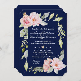 Blush Pink Blues Blütenblume Navy Blue Hochzeit Einladung