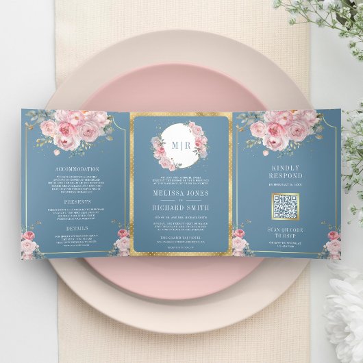Blush Pink Blues Dusty Blue All in One Wedding Dreifach Gefaltete Einladung