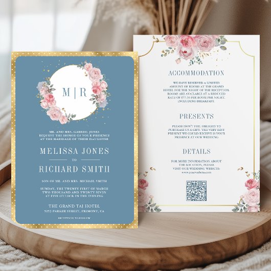 Blush Pink Blues Dusty Blue All in One Wedding Einladung
