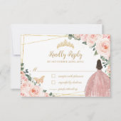 Blush Pink Blues Gold Butterfly Quinceañera Kleid RSVP Karte (Vorderseite)