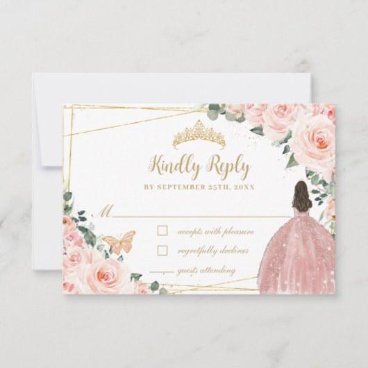 Blush Pink Blues Gold Butterfly Quinceañera Kleid RSVP Karte (Vorderseite)