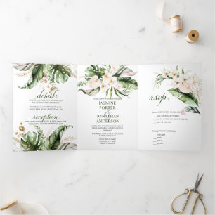 Blush Pink Blues Gold Tropische Grüne Hochzeit Dreifach Gefaltete Einladung