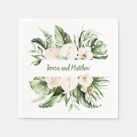 Blush Pink Blues und tropische Grünpflanzen Hochze Serviette (Vorderseite)