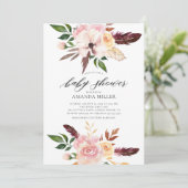 Blush Pink Blume Feathers Baby Dusche Einladung (Stehend Vorderseite)