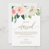 Blush Pink Blume Gold Just Married Wedding Ankündigung (Vorderseite)