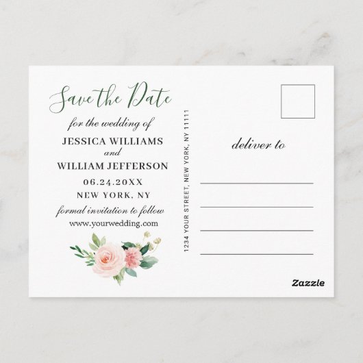 Blush Pink Blume Grüne Hochzeit speichern das Datu Postkarte (Rückseite)