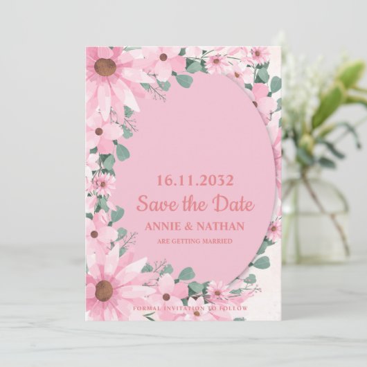 Blush Pink Blume mit Frame Wedding Save the Date (Stehend Vorderseite)