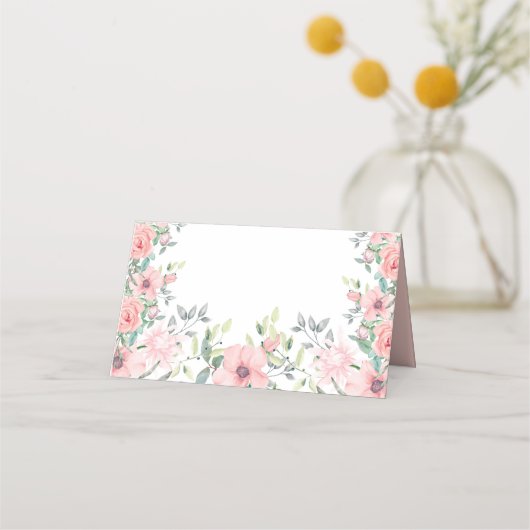 Blush Pink Blume Sage Green Blätter Frühjahr Somme Platzkarte (Vorderseite)