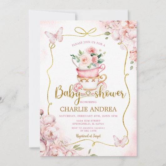 Blush Pink Blume Schmetterling Tee Party Babydusch Einladung (Vorderseite)