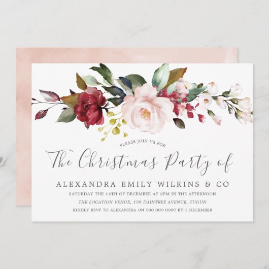 Blush Pink Blume Weihnachten Party Einladung (Vorne/Hinten)